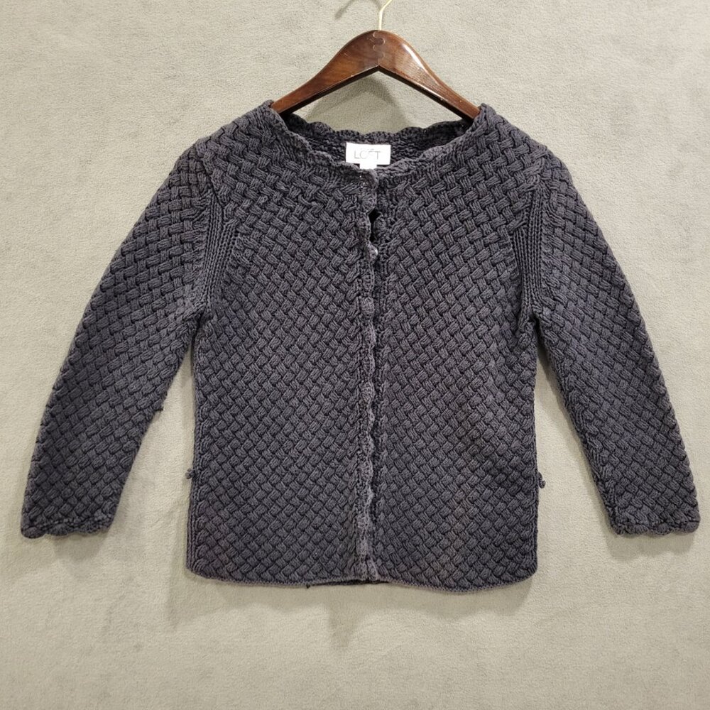 Loft Blue Cardigan Womens Small Basket Weave 3/4 Sleeve Cozy Warm Classic Office